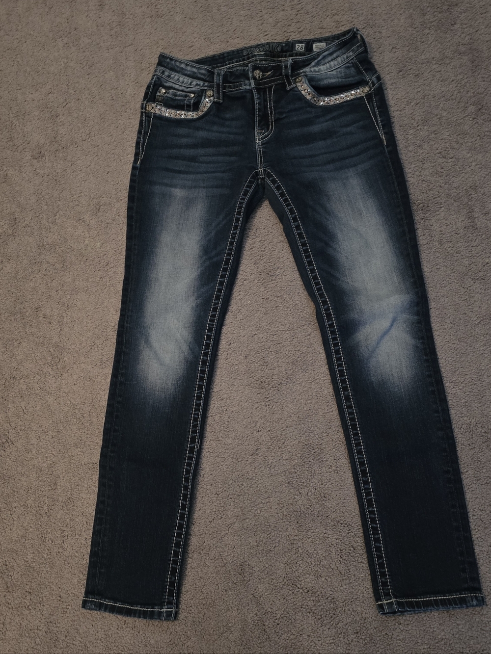 Miss Me Dark Blue Skinny Jeans with Rhinestone Pocket Trim